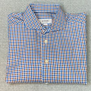 Eton Contemporary 17/43 XL Men’s Dress Shirt Spread Collar Blue Brown Gingham
